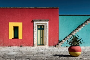 Colorful architecture with a vibrant wall and decorative plant in outdoor settings during bright daylight