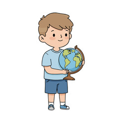 Fototapeta premium Boy holding a globe and smiling in a classroom setting - Concept of education 