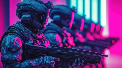 Futuristic soldiers equipped with advanced weapons stand in formation against a vibrant neon backdrop during a simulated training exercise