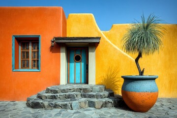 Brightly colored house entrance with unique landscaping in a sunny location