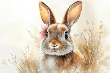 Hand-Painted Bunny with Pink Blossoms in Tranquil Setting
