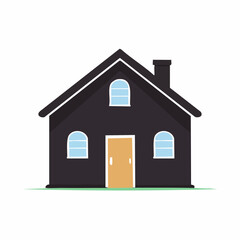 Simple black house with arched windows and chimney. Flat 2D vector illustration of a residential home icon isolated on a white background.