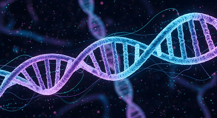  Futuristic DNA Strand: A Glowing Blue and Purple Double Helix in an Abstract Digital and Scientific Background