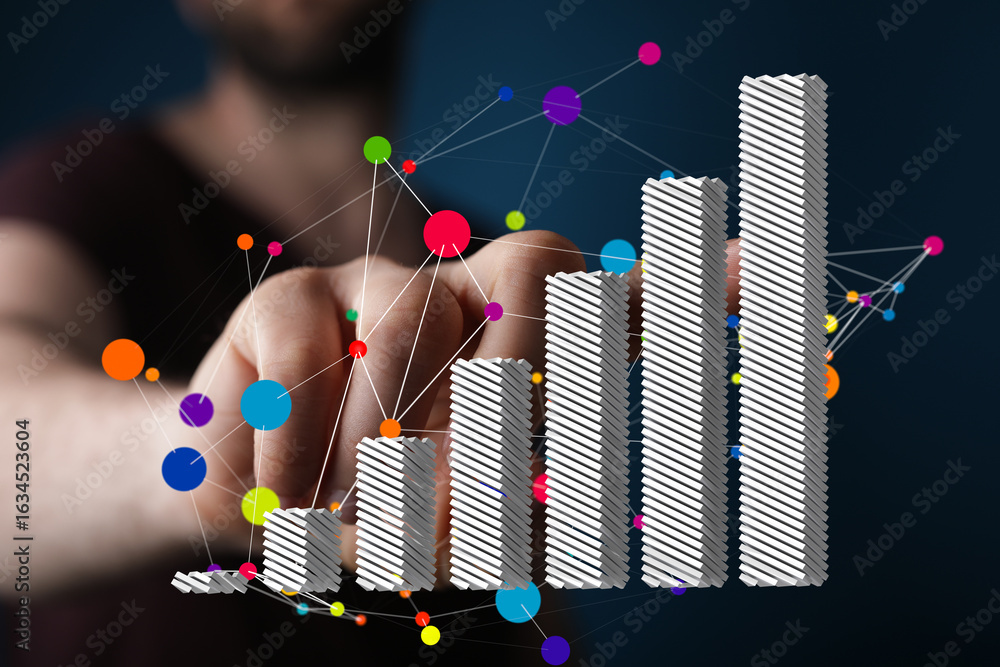 Poster seo-friendly image of a hand interacting with a 3d bar chart showing business growth and data connec