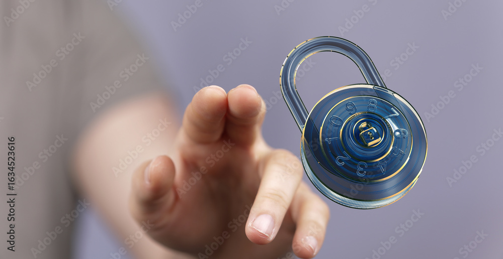 Poster secure your data! image depicts a hand reaching towards a digital combination lock, symbolizing onli
