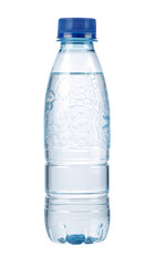 Small plastic water bottle with blue cap on white background