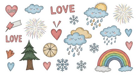 Cute Handdrawn Love Nature Elements