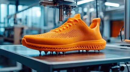 Innovative 3D printing technology creating a vibrant orange shoe prototype in a modern workshop
