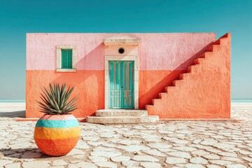 Brightly colored building with unique staircase and potted plant in sunny desert landscape