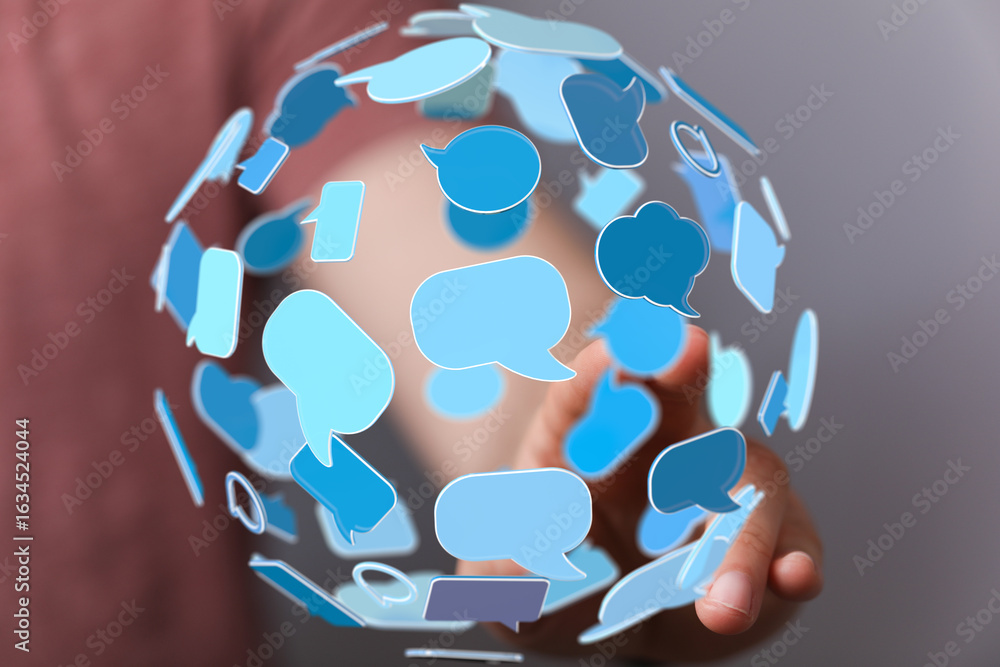 Poster image depicting a hand interacting with a sphere of digital speech bubbles, symbolizing global commu