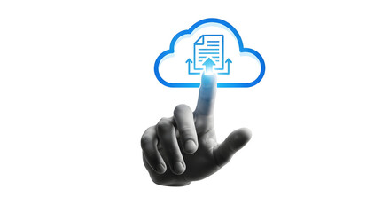 Fototapeta premium Human finger activating digital cloud storage icon with document and upload arrows, symbolizing seamless data transfer and modern connectivity for business innovation.