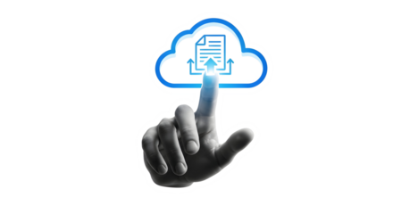 Human finger activating digital cloud storage icon with document and upload arrows, symbolizing seamless data transfer and modern connectivity for business innovation.