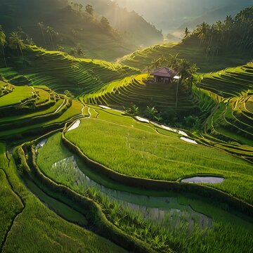 Aerial View of Green Rice Terraces in Malaysia at Sunrise