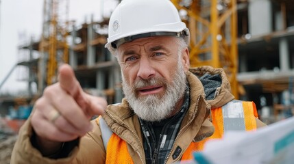 Elder male engineer pointing at construction site plans urban environment technical specialist career overview
