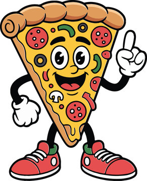 Naklejki Cartoon Cheese Pizza with Face and Shoes, Funny Cartoon Pizza Mascot Pointing Up, Funny Pizza Vector Illustration
