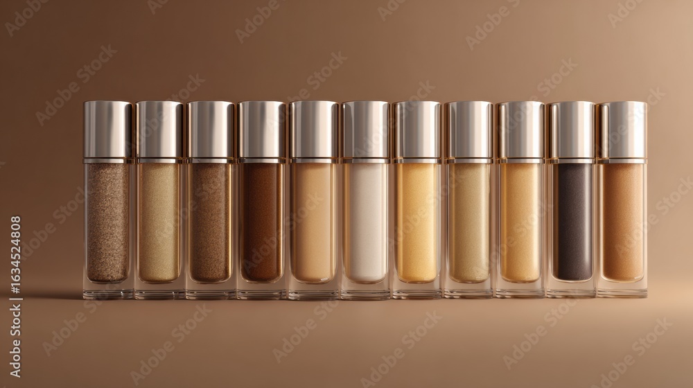Aufkleber row of foundation bottles showcasing gradient skin tones with empty space for customization and sele