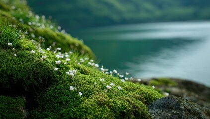 Close-up of mossy bank with small white flowers, facing a tranquil lake