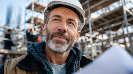 Senior male construction engineer analyzing blueprint at job site technical environment career insights