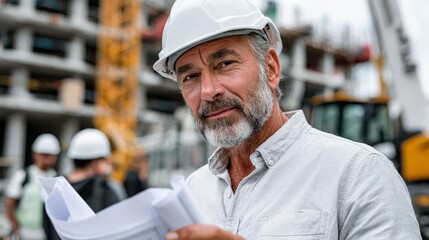Senior male engineer in hard hat reviewing plans on construction site technical career insights in industrial environment