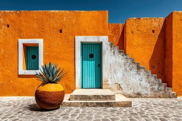 Vibrant orange adobe wall with turquoise door and agave plant in sunny courtyard setting