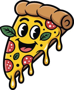 Naklejki Smiling Cartoon Pizza Slice with Melting Cheese and Basil Leaves – Cute Pizza Character Illustration