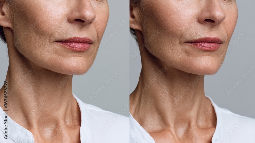 Poster wrinkle reduction comparison with minimal text overlays highlighting effective skincare techniques