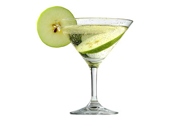 Crisp, light-colored cocktail garnished with apple slice