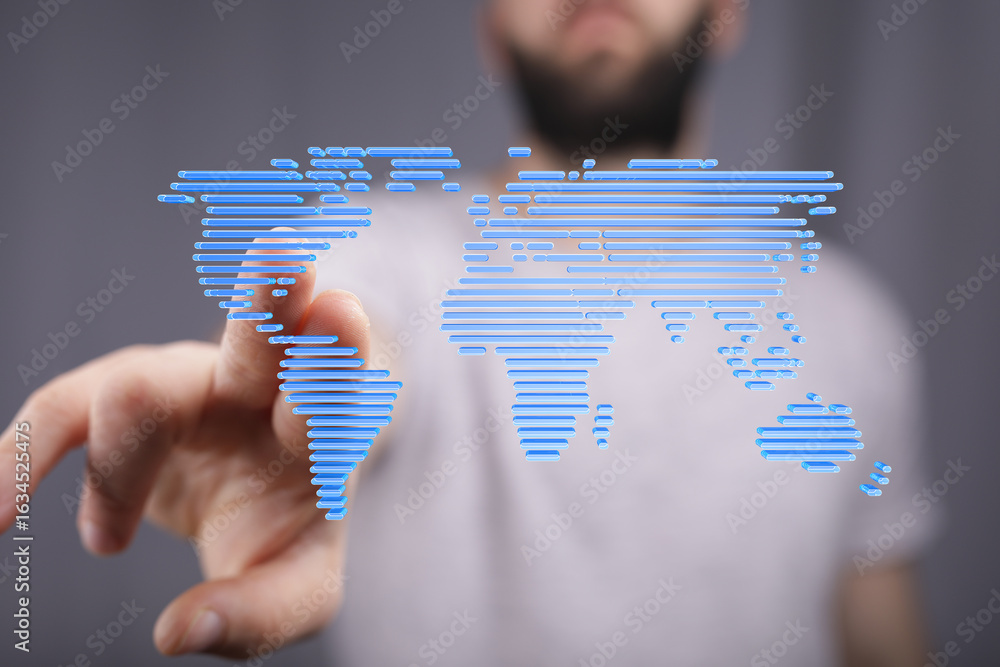 Poster hand interacting with a digital world map, representing global connectivity and networking.