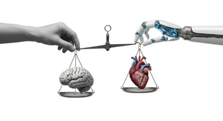 Balancing logic and emotion with a human hand and robotic arm on scales holding brain and heart symbols, representing AI and humanity