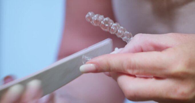 Dental Aligner Fitting Process &ndash; Tooth Surface Grinding Close-Up | Macro video showing precise shaping before aligner placement | 4k, 12 Bit Video