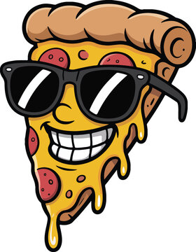 Naklejki Cool Cartoon Pizza Slice with Sunglasses and Cheesy Smile, Funny Food Character, Funny Pizza Illustration
