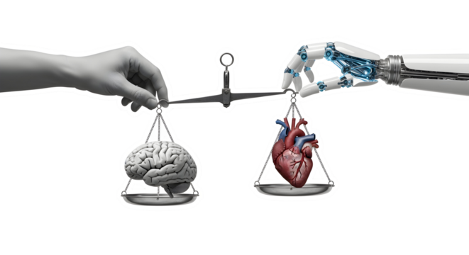 Balancing logic and emotion with a human hand and robotic arm on scales holding brain and heart symbols, representing AI and humanity