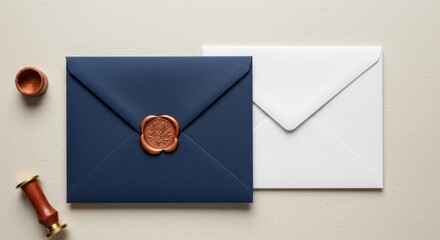 An overhead shot of a crisp navy blue envelope with a copper wax seal