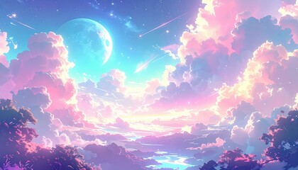 夢幻的なパステル雲と幻想的な空の風景アート

