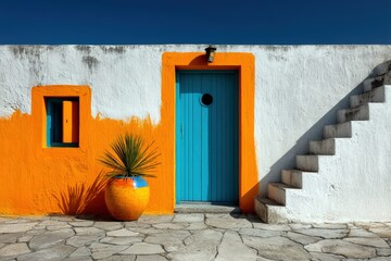 Brightly colored house exterior with turquoise door and orange accents in a warm, sunny location
