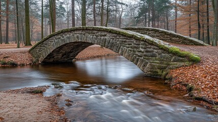 Fototapeta premium Stone arch bridge over a flowing stream in a park