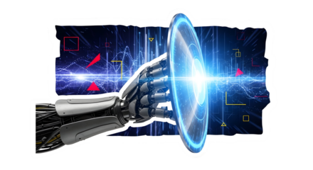 Futuristic robotic arm activating glowing portal with vibrant digital data streams and geometric shapes enhancing innovation and technological advancement concepts