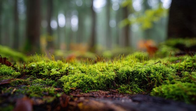 Close-up of vibrant green moss covering forest floor, with blurred trees in the background