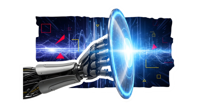 Futuristic robotic arm activating glowing portal with vibrant digital data streams and geometric shapes enhancing innovation and technological advancement concepts