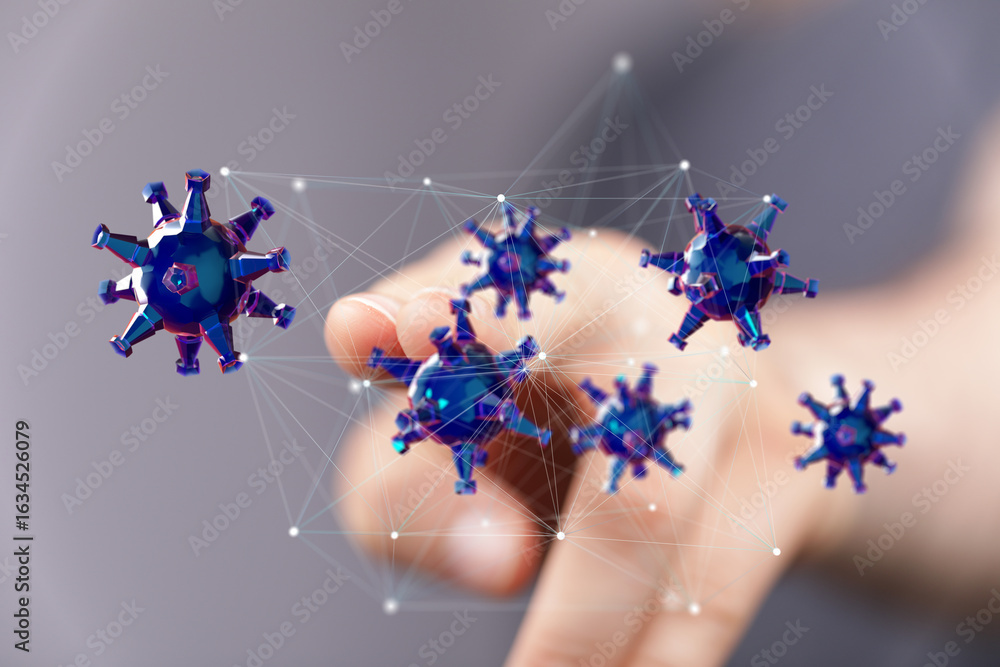 Aufkleber 3d render of a hand interacting with a network of viruses. conceptual image for global health.