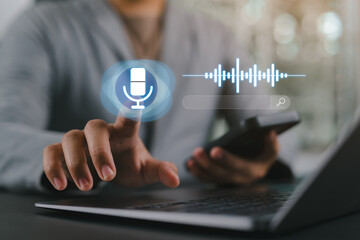 Voice search optimization (VSO) technology concept. AI conversational assistant automation bot with...