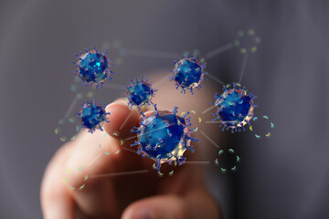Microscopic view of viruses, illustrating their complex network.  Ideal for science, health, and...