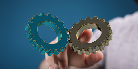 Image of two gears meshing, symbolizing teamwork, collaboration, and efficient processes. Perfect...