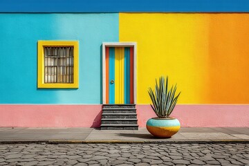 Colorful building facade with a vibrant door and striking potted plant in a lively urban neighborhood