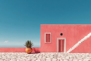 Beautiful pink building with stairs and a potted plant under a clear blue sky near the ocean