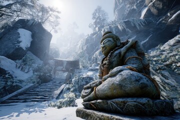 Snowy mountain path with stone statue