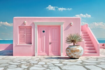 Pink house with a stunning view of the sea and a beautiful staircase on a sunny day