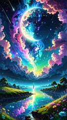 ファンタジーの夜空と光の宇宙風景の幻想的アート

