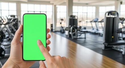 Hand holding smartphone with green screen in modern gym. Fitness equipment in the background, touchscreen interface.