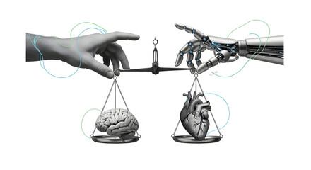 Balancing human intellect and artificial intelligence with a human hand and robotic arm weighing brain against heart symbolizes the critical choice between logic and emotion in modern decision making